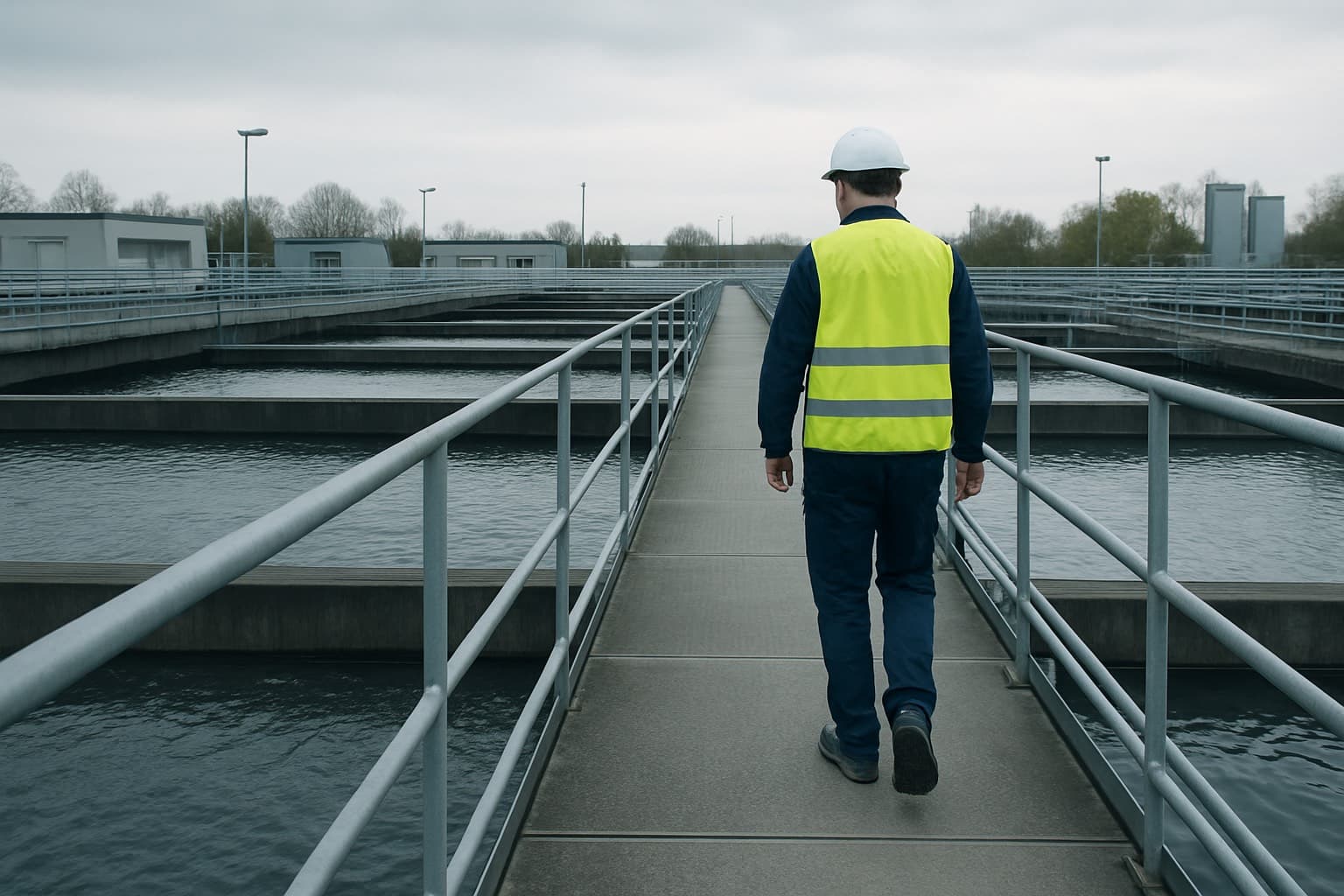Fachkraft auf dem Steg über den Becken einer Kläranlage