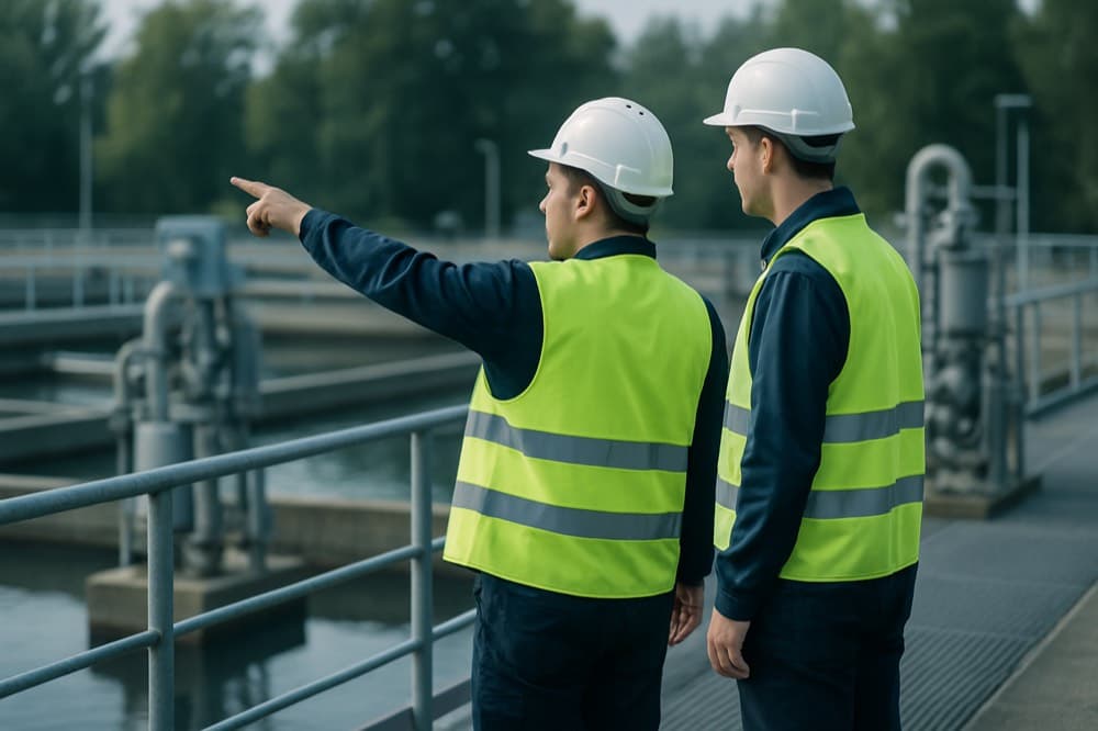 Betriebsteam an den Klärbecken